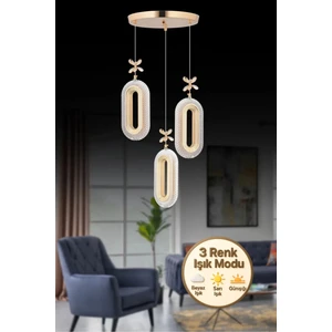 LED Alfa 3'lü Gold 3 Renk Ledli Kristal Taşlı Modern LED Avize