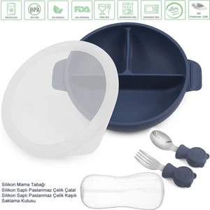 Silikon Beslenme Seti Vakumlu Silikon Mama Tabağı, Paslanmaz Çelik Çatal-Kaşık ve Saklama Kutusu / Lacivert Renk