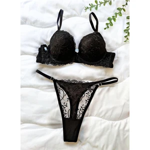 Sparkle and Glimmer Alexandra Black Tek Renk Balenli Dantelli Destekli Bralet  Iç Giyim Sütyen Külot Takımı