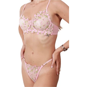Sparkle And Glimmer Adrıana Pınk Pembe Çiçekli Balenli Dantelli Desteksiz Bralet Iç Giyim Sütyen Külot Çamaşır Takımı