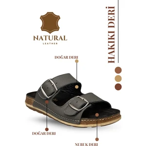 Çift Tokalı Ayarlanabilir Hakiki Deri Erkek Terlik Doğal Deri Terlik T Füme