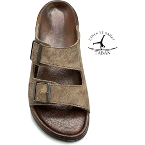 Çift Toka Ayarlanabilir Genişlik Esnek Rahat Deri Erkek Terlik 25103 Vizon