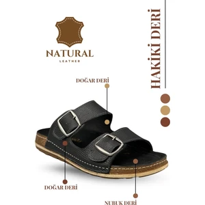 Çift Tokalı Ayarlanabilir Hakiki Deri Erkek Terlik Doğal Deri Terlik T Siyah