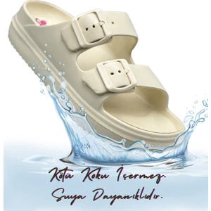 Çift Toka Hafif Eva Yazlık Plaj Terliği Havuz Terliği Lavabo Terliği Ekru