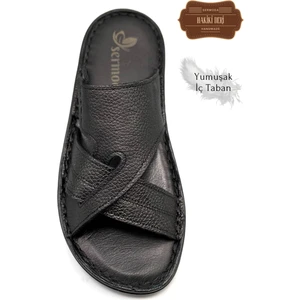 Hakiki Gerçek Deri Erkek Terlik Hafif Terlik Deri G Şır Siyah