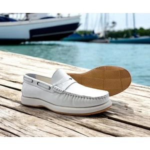 M21292W Hakiki Deri Baharlık Yazlık Bağcıksız Ekru Beyaz Erkek Loafer Ayakkabı