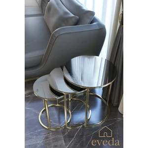 3'lü Yuvarlak C Zigon Sehpa Gold Renk Metal Ayak Füme Ayna