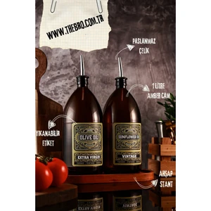 1lt Amber Renkli Ahşap Stantlı Green Vintage Yağdanlık 2'li Set Zeytinyağı Sıvıyağ Şişesi Vintage Yağlık