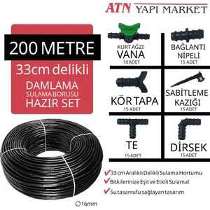 200 Metre 33CM Delikli Damlama Sulama Borusu Hortumu Seti 16MM + 85 Parça Bağlantı Aparatı