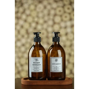 Ahşap Standlı 2'li Amber Cam Sıvı Sabunluk Bulaşık Deterjanı Şişesi Sabunluk