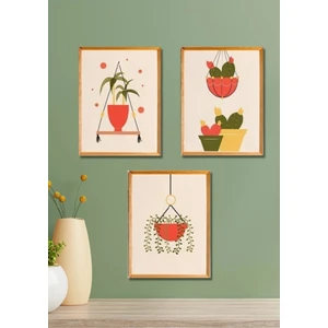 3 Parça Ahşap Çerçeve Görünümlü Soyut Turuncu Saksılar - Salon Yatak Odası Mutfak Için Tablo Seti