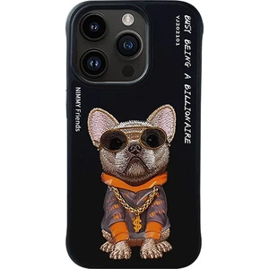 iPhone 15 Pro Uyumlu 3D Gözlük Zincir Köpek Detaylı Nakış İşlemeli Kabartmalı Cool Glasses Kılıf