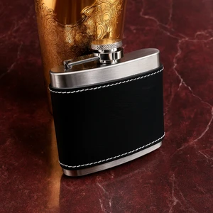 Siyah Derili 5 OZ-150 cc Hunili Çelik Viski Içki Konyak Matarası Erkek Arkadaşa Hediye