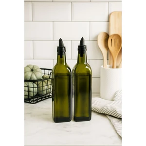 2'li Arya Silikon Tıpalı Yeşil Cam Yağdanlık Sosluk Yağ Şişesi 500 ml