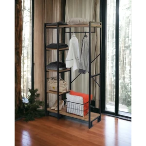 5 Raflı Metal Elbise Askılığı Ahşap Detaylı Geniş Depolama Ünitesi