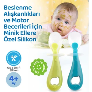 Silikon Bebek Mama Kaşık Seti, Diş Kaşıyıcı, 2 Li Set, Mavi Yeşil