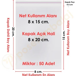 8X15+5 CM. (8X20) 50 Adet Şeffaf Bantlı Yapışkanlı Opp Poşet