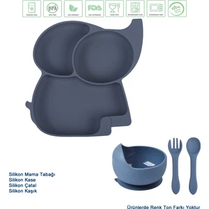 Silikon Beslenme Seti, Silikon Vakumlu Mama Tabağı Ve Kasesi, Silikon Çatal-kaşık / Lacivert