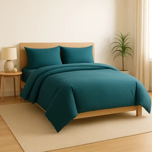 Tek Kişilik %100 Pamuk Nevresim Takımı 160 x 220 cm , Lastikli Çarşaflı Set, Petrol Mavisi