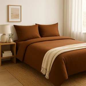 Tek Kişilik %100 Pamuk Nevresim Takımı 160 x 220 cm , Lastikli Çarşaflı Set, Kahverengi
