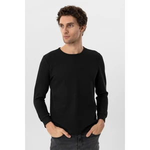 Siyah Slim Fit Armürlü Bisiklet Yaka Triko Kazak