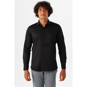 Siyah Slim Fit Armürlü Klasik Yaka Gömlek