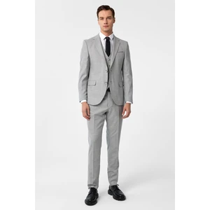 Gri Slim Fit Desenli Mono Yaka 6 Drop Yelekli Klasik Takım Elbise