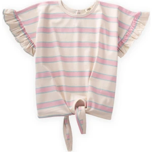 Çizgili Bağlamalı Kız T-Shırt 3-10 Yaş Pudra Mavi Çizgili