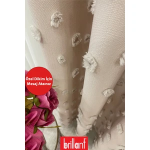 Fon Perde Bej Pufy Brillant Püsküllü, Ponponlu, Saçaklı Fon Perde Sık Pileli Keten Pano Fon