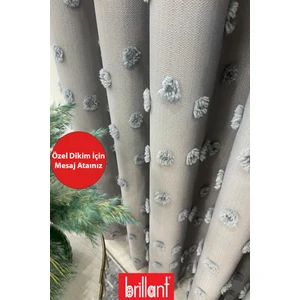 Fon Perde Gri Pufy Brillant Püsküllü, Ponponlu, Saçaklı Fon Perde Sık Pileli Keten Pano Fon