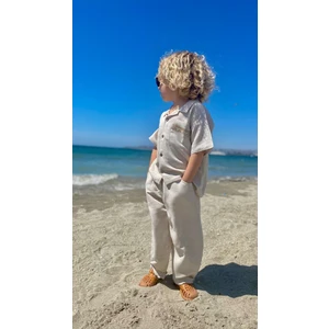 Cebi Nakışlı Gömlek Pantolon Keten Takım 2-7 Yaş Naturel