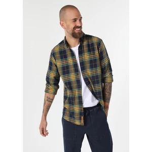 Regular Fit Shirt Neck Ekoseli Erkek Lacivert Uzun Kol Gömlek