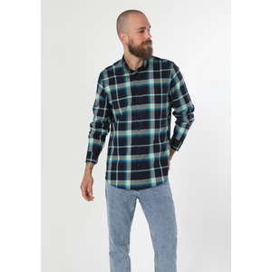 Regular Fit Shirt Neck Kareli Lacivert Erkek Uzun Kol Gömlek
