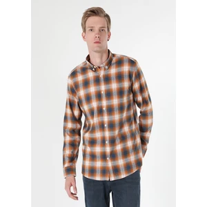 Regular Fit Shirt Neck Ekoseli Erkek Sari Uzun Kol Gömlek