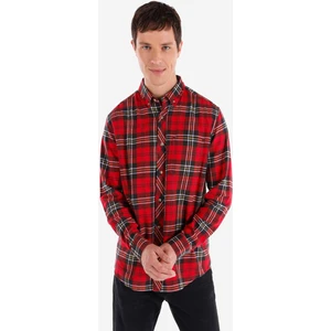 Regular Fit Shirt Neck Ekoseli Erkek Kirmizi Uzun Kol Gömlek