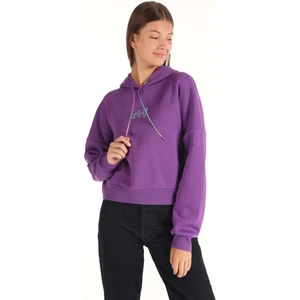 Regular Fit Kapüşonlu Baskılı Kadın Mor Sweatshirt