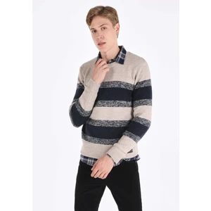 Regular Fit Yuvarlak Yaka Jakarlı Erkek Bej Kazak