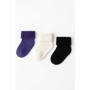 Bebek 3'lü Havlu Soket Çorap Antrasit-Mor-Beyaz