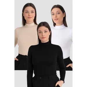 Kadın Beyaz Siyah Ten Balıkçı Yaka Uzun Kollu Body 3 Adet