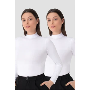 Kadın Beyaz Balıkçı Yaka Uzun Kollu Body 2'li Paket