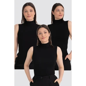 Kadın Siyah Balıkçı Yaka Kolsuz Body 3'lü Paket