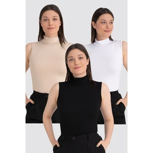 Kadın Siyah Beyaz Ten Balıkçı Yaka Kolsuz Body 3'lü Paket