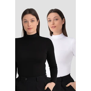 Kadın Beyaz - Siyah Balıkçı Yaka Uzun Kollu Body 2'li Paket
