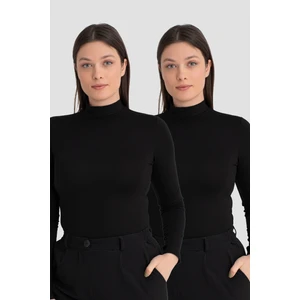 Kadın Siyah Balıkçı Yaka Uzun Kollu Body 2'li Paket