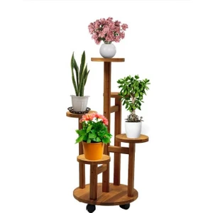 Tekerlekli Çiçeklik 5 Raflı Saksılık Dekoratif 5 Raflı Çiçeklik Doğal Ahşap Saksılık Çiçek Rafı Daire Model