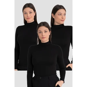 Kadın Siyah Balıkçı Yaka Uzun Kollu Body 3 Adet