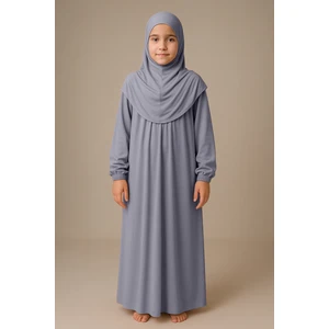 Kız Çocuk Tesettür Elbisesi Tek Parça Namaz Kıyafeti Tak Çıkar Başörtülü Pamuklu Lastikli Kolu