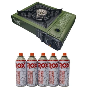 Rox Camping 0188 Tekli Portatif Kamp Ocağı Haki Yeşil, Rüzgarlıklı, Ekstra Gaz Girişli 5 Adet Gaz Kartuş
