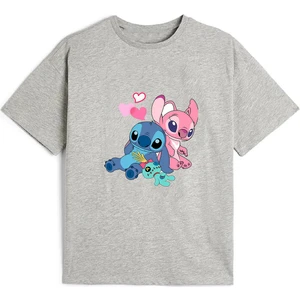 Maki Homekaliteli Penye Kız Çocuk Baskılı Gri Tshirt 5 6 7 8 9 10 11 12 13 14 Yaş Lilo Stitch 1