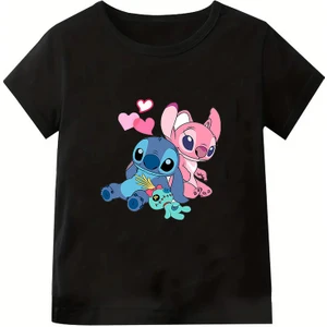 Maki Homekaliteli Penye Kız Çocuk Baskılı Gri Tshirt 5 6 7 8 9 10 11 12 13 14 Yaş Lilo Stitch 1